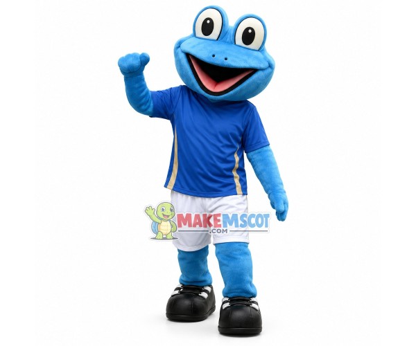 Elated The Blue Big Mouth Frog Mascot Costume Elated The Blue Big Mouth Frog Mascot Costume
