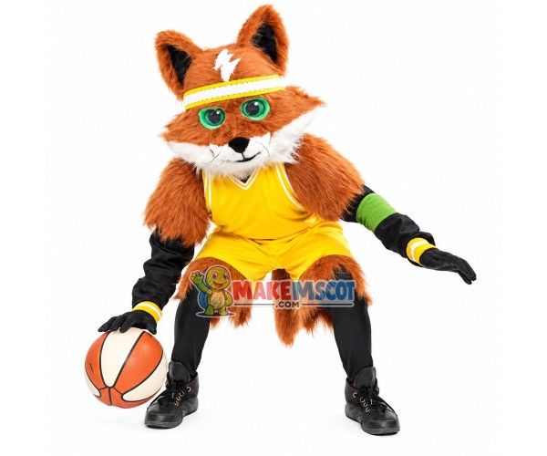 Green-eyed Thunder Fox Playing Basketball Mascot Costume