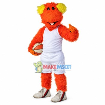 Orange Furry Monster Carrying Basketball Mascot Costume