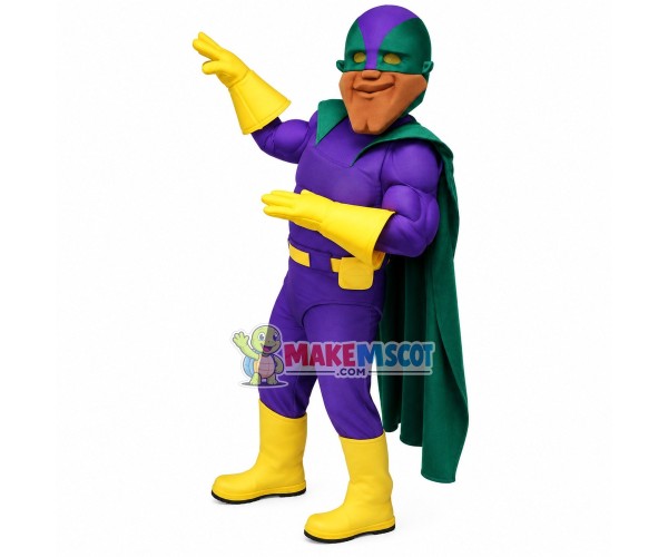 Purple Superhero With Dollar Badge Mascot Costume Purple Superhero With Dollar Badge Mascot Costume