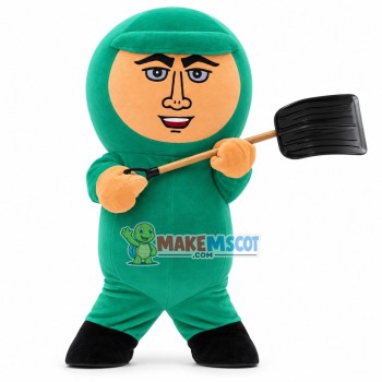 Warm Green Doll Holding the Snow Shovel Mascot Costume Warm Green Doll Holding the Snow Shovel Mascot Costume