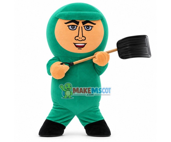 Warm Green Doll Holding the Snow Shovel Mascot Costume Warm Green Doll Holding the Snow Shovel Mascot Costume