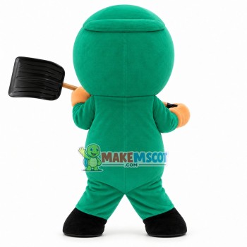 Warm Green Doll Holding the Snow Shovel Mascot Costume Warm Green Doll Holding the Snow Shovel Mascot Costume