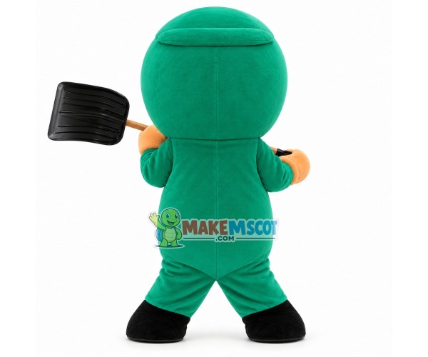 Warm Green Doll Holding the Snow Shovel Mascot Costume Warm Green Doll Holding the Snow Shovel Mascot Costume
