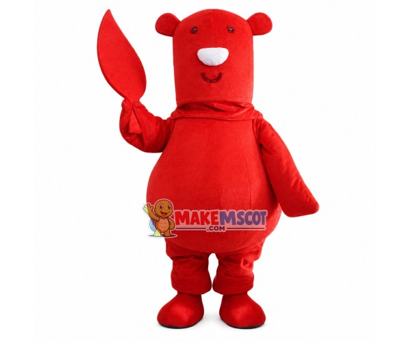 Red Long-headed Bear Holding Leaf Mascot Costume Red Long-headed Bear Holding Leaf Mascot Costume