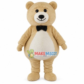 Beige Eyebrow Bear With Tie Mascot Costume
