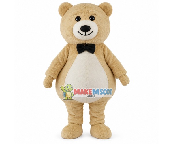 Beige Eyebrow Bear With Tie Mascot Costume