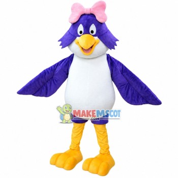 Lively Purple Bird With Pink Bow Mascot Costume