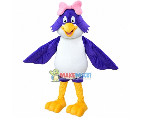 Lively Purple Bird With Pink Bow Mascot Costume