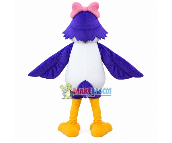 Lively Purple Bird With Pink Bow Mascot Costume Lively Purple Bird With Pink Bow Mascot Costume