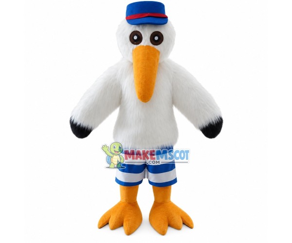 White Furry Bird With Long Beak Mascot Costume