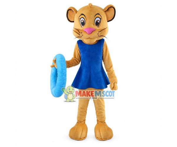 Slim Lion Wearing Blue Swimsuit Mascot Costume