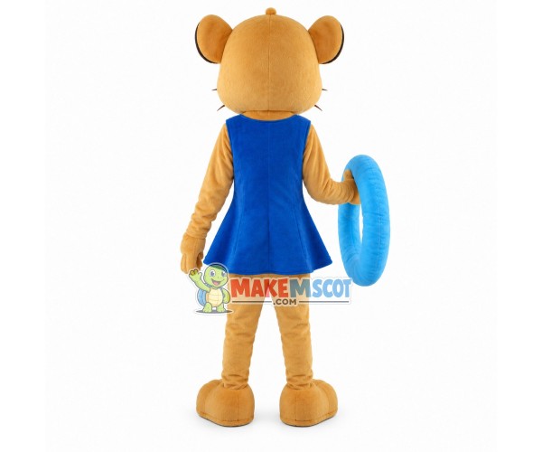 Slim Lion Wearing Blue Swimsuit Mascot Costume
