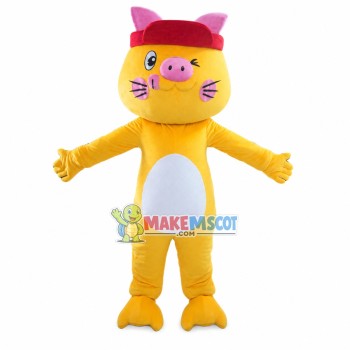 Positive Yellow Pig With Headband Mascot Costume