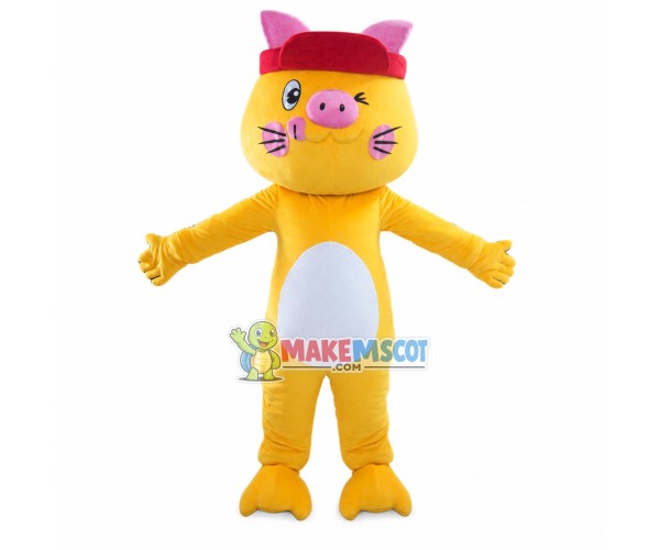 Positive Yellow Pig With Headband Mascot Costume Positive Yellow Pig With Headband Mascot Costume