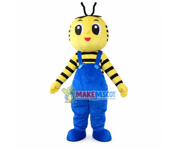 Cartoon Bee In The Blue Rompers Mascot Costume Cartoon Bee In The Blue Rompers Mascot Costume