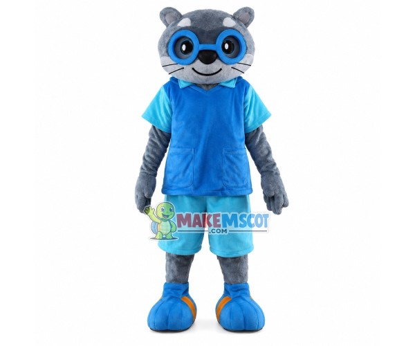 Study Cat With Blue Glasses Mascot Costume Study Cat With Blue Glasses Mascot Costume