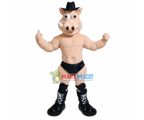 Muscular Fighting Pig With Knee Pads Mascot Costume