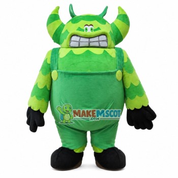 Bulky Green Monster With Horns Mascot Costume Bulky Green Monster With Horns Mascot Costume
