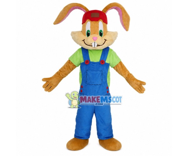 Green Eyed Bunny With Patch Overalls Mascot Costume Green Eyed Bunny With Patch Overalls Mascot Costume