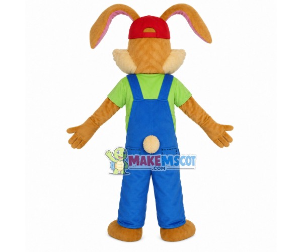 Green Eyed Bunny With Patch Overalls Mascot Costume Green Eyed Bunny With Patch Overalls Mascot Costume