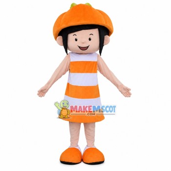 Brunette Girl In Pumpkin Hat Mascot Costume Brunette Girl In Pumpkin Hat Mascot Costume