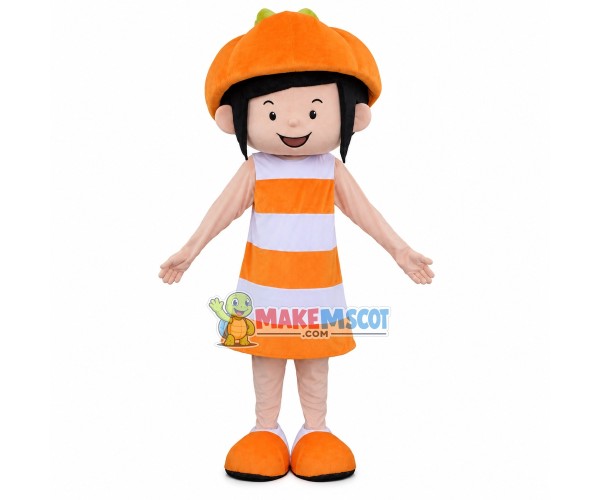 Brunette Girl In Pumpkin Hat Mascot Costume Brunette Girl In Pumpkin Hat Mascot Costume