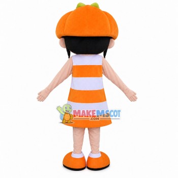 Brunette Girl In Pumpkin Hat Mascot Costume Brunette Girl In Pumpkin Hat Mascot Costume