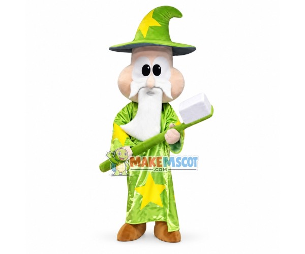 Old Magician Holding Brush Mascot Costume