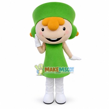 Glad Smiling Doll In The Green Suit Mascot Costume