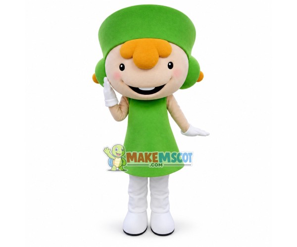 Glad Smiling Doll In The Green Suit Mascot Costume
