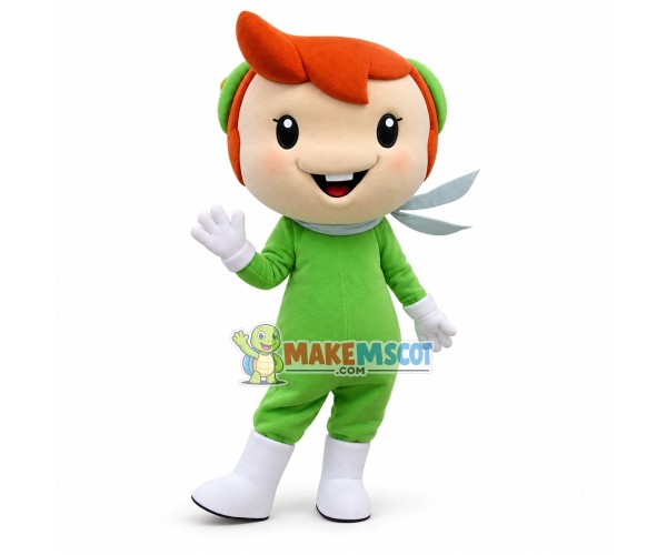 Glad Smiling Doll In The Green Suit Mascot Costume