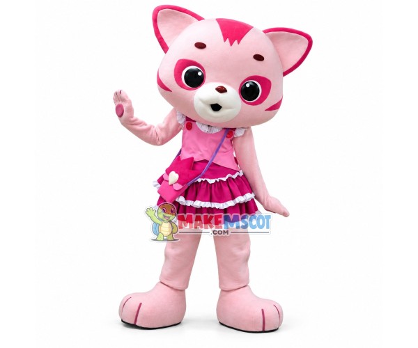 Pink Girl Tiger In Lace Pleated Skirt Mascot Costume Pink Girl Tiger In Lace Pleated Skirt Mascot Costume