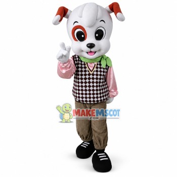White Dog In Check Knitted Vest Mascot Costume White Dog In Check Knitted Vest Mascot Costume
