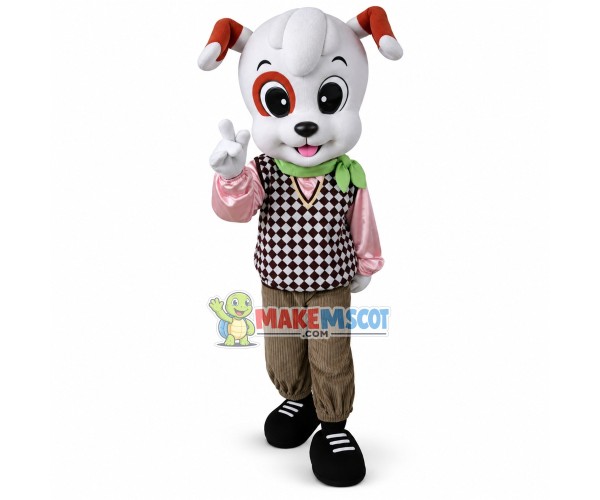 White Dog In Check Knitted Vest Mascot Costume