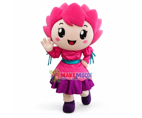 Pink Hair Girl In Tunic Dress Mascot Costume Pink Hair Girl In Tunic Dress Mascot Costume