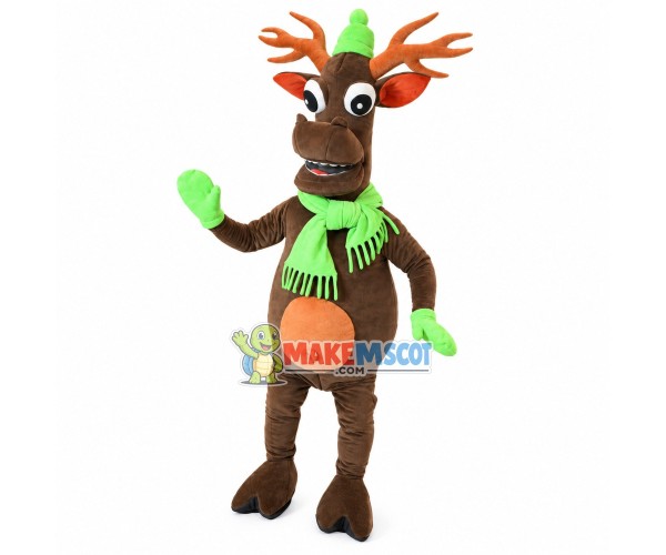 Warm Elk With Fluorescent Green Scarf Mascot Costume Warm Elk With Fluorescent Green Scarf Mascot Costume