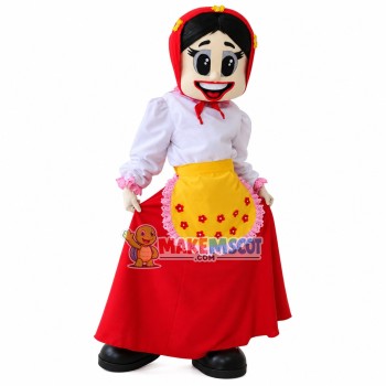Smiling Cook Girl In Floral Lace Apron Mascot Costume Smiling Cook Girl In Floral Lace Apron Mascot Costume
