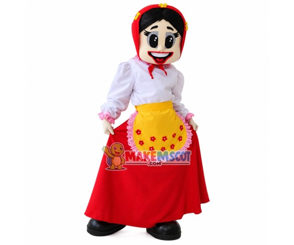 Smiling Cook Girl In Floral Lace Apron Mascot Costume Smiling Cook Girl In Floral Lace Apron Mascot Costume