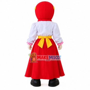 Smiling Cook Girl In Floral Lace Apron Mascot Costume Smiling Cook Girl In Floral Lace Apron Mascot Costume
