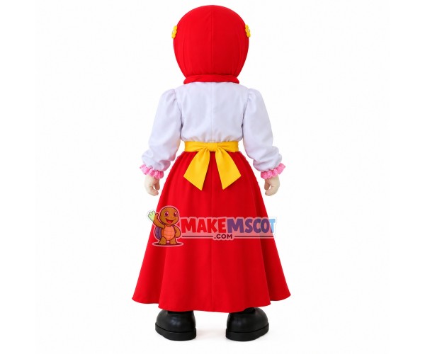 Smiling Cook Girl In Floral Lace Apron Mascot Costume Smiling Cook Girl In Floral Lace Apron Mascot Costume
