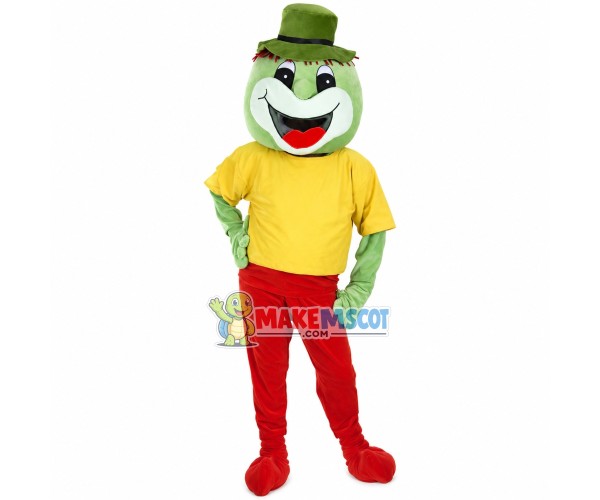 Happy Frog In The Yellow Printed Shirt Mascot Costume Happy Frog In The Yellow Printed Shirt Mascot Costume