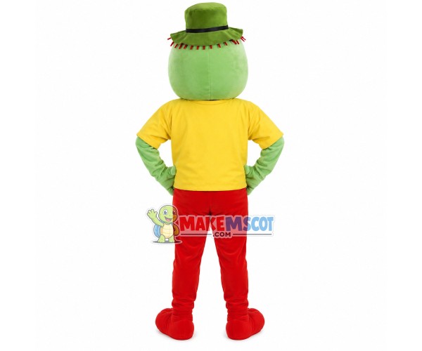 Happy Frog In The Yellow Printed Shirt Mascot Costume Happy Frog In The Yellow Printed Shirt Mascot Costume