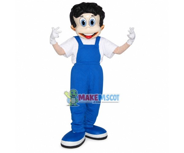 Helpful Boy In Blue Overalls Mascot Costume Helpful Boy In Blue Overalls Mascot Costume