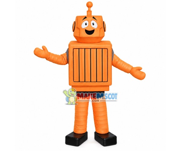 Orange Old-fashioned Robot With Square Body Mascot Costume Orange Old-fashioned Robot With Square Body Mascot Costume