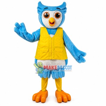 Blue Owl Wearing Work Vest Mascot Costume Blue Owl Wearing Work Vest Mascot Costume