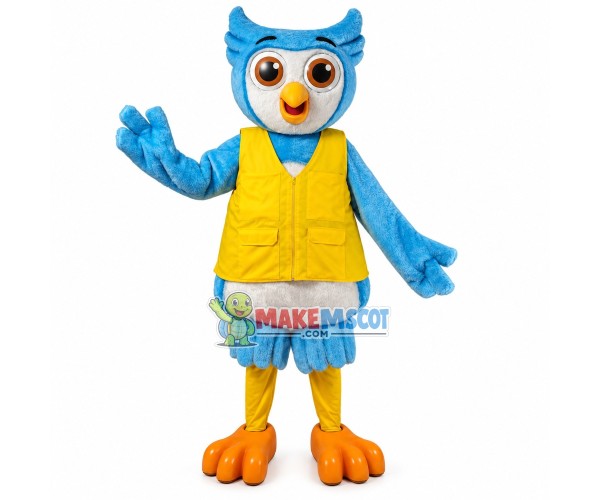 Blue Owl Wearing Work Vest Mascot Costume
