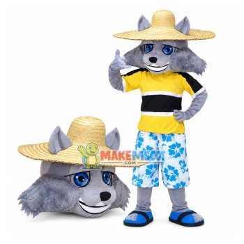Villager Wolf Wearing Straw Hat Mascot Costume Villager Wolf Wearing Straw Hat Mascot Costume