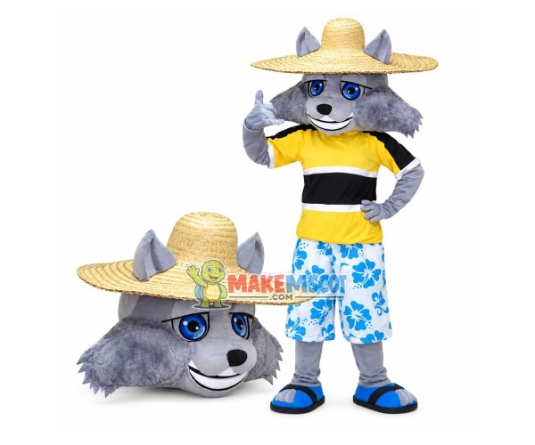 Villager Wolf Wearing Straw Hat Mascot Costume Villager Wolf Wearing Straw Hat Mascot Costume