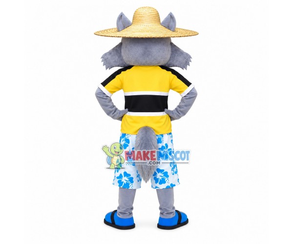 Villager Wolf Wearing Straw Hat Mascot Costume